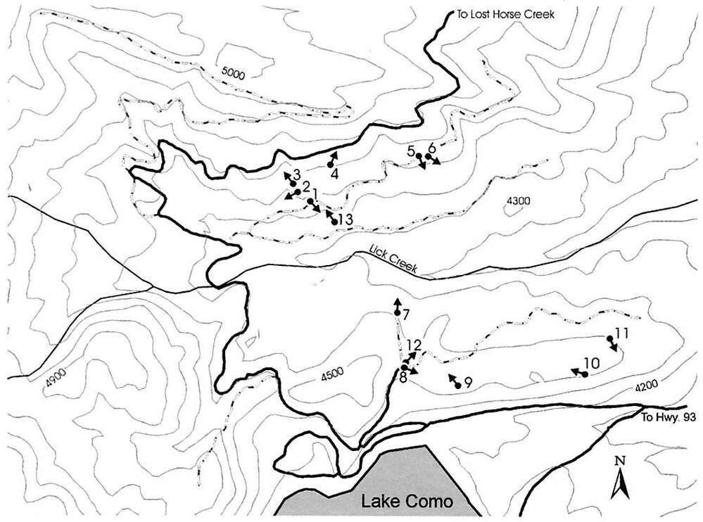 A map showing the locations of 13 photo points in Bitterroot National Forest, where photographers have returned since 1909.
