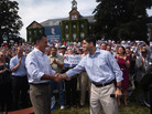 Republican presidential candidate Mitt Romney, left, shakes hands with his choice for running mate, Rep. Paul Ryan of Wisconsin, Monday in in Manchester, N.H. Republican presidential candidate Mitt Romney, left, shakes hands with his choice for running mate, Rep. Paul Ryan of Wisconsin, Monday in in Manchester, N.H.
