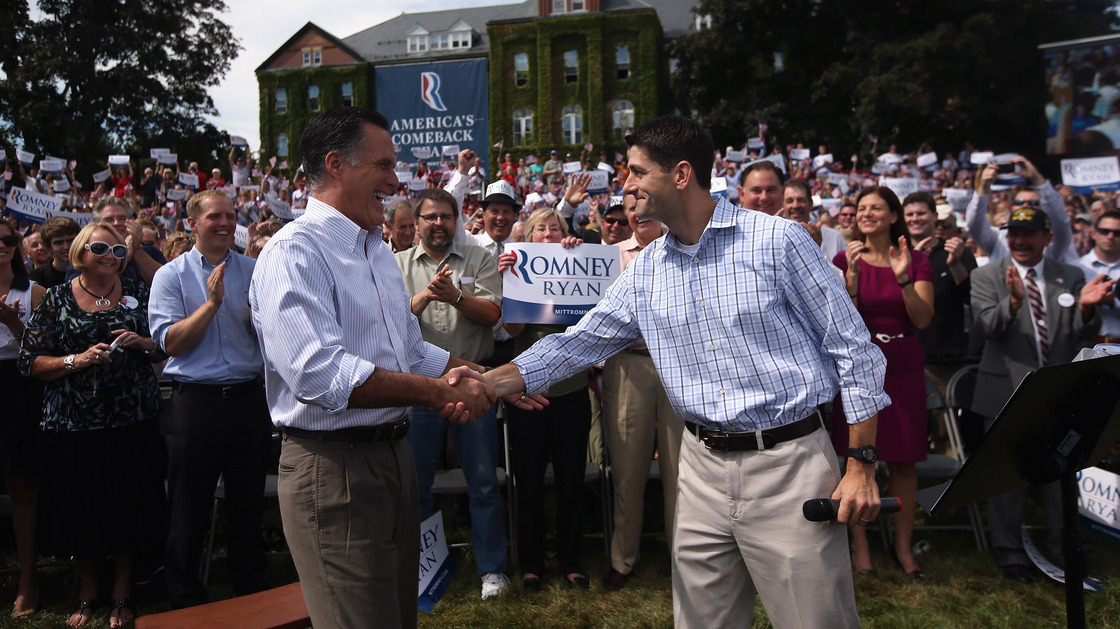 Republican presidential candidate Mitt Romney, left, shakes hands with his choice for running mate, Rep. Paul Ryan of Wisconsin, Monday in  in Manchester, N.H.