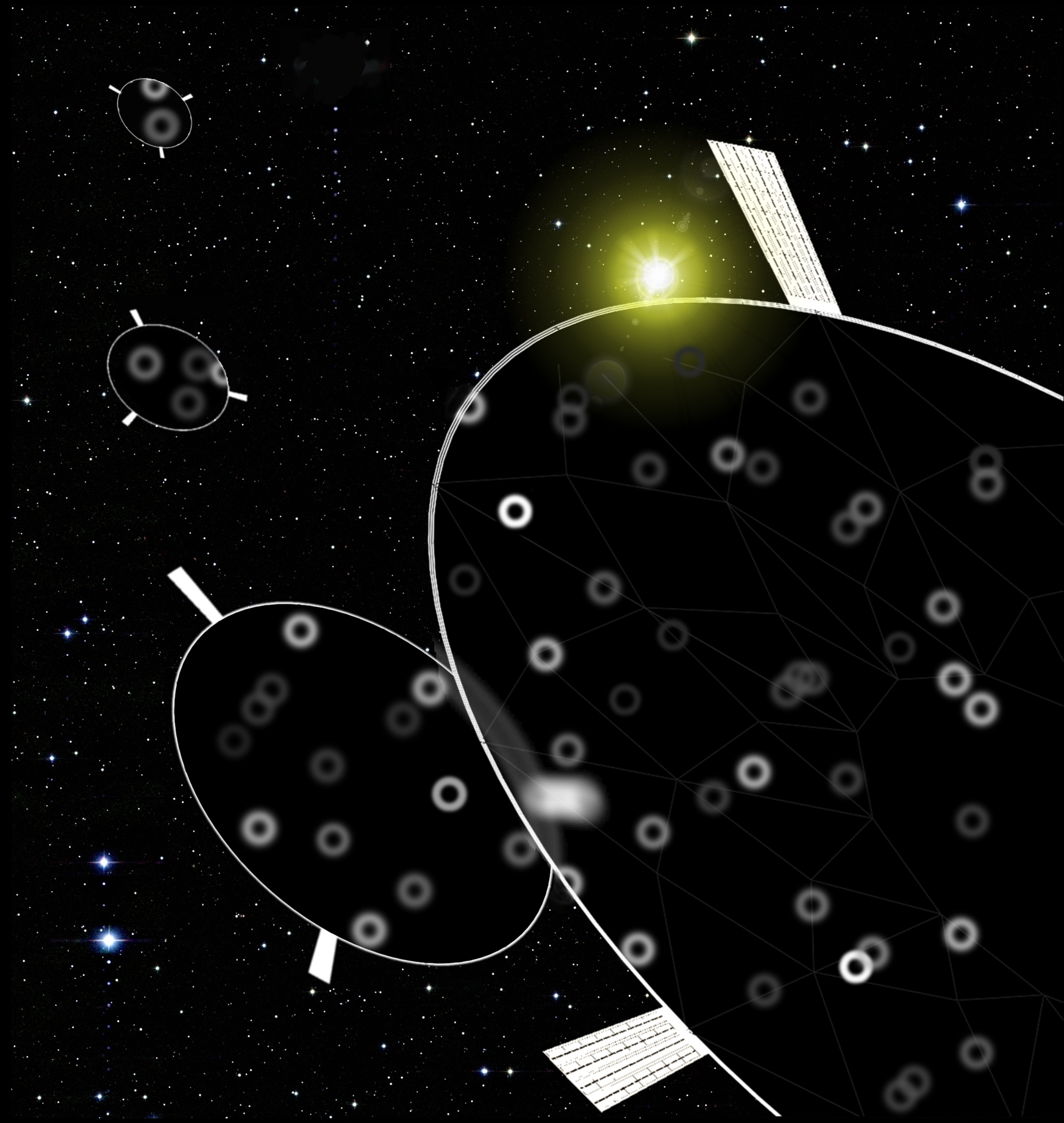 An illustration of Angel's 2006 idea to reduce the effects of global warming by reflecting the sun's light with massive glass shields in space. It's a last-resort sort of idea, Angel admits. (Image credit: University of Arizona)