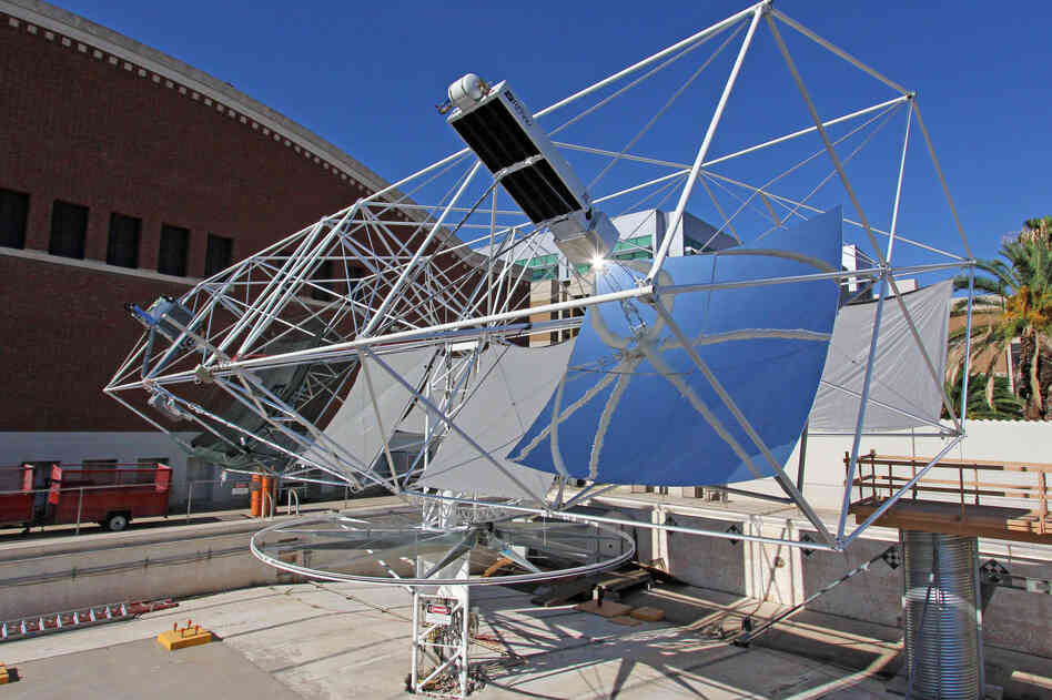 Angel is working to put another mirror-based concept into action, this time to fight climate change. The solar tracker, seen here, makes electricity by focusing sunlight on photovoltaic cells.