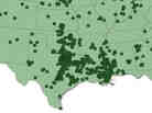 A map that shows where West Nile cases have been reported. Note that areas shaded white have seen no virus activity.