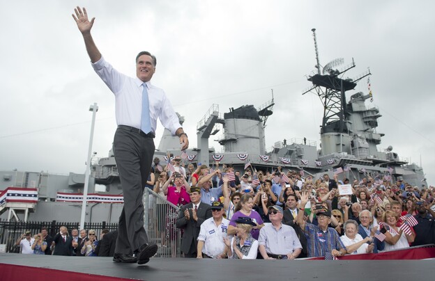 Mitt Romney, the presumptive Republican presidential candidate, arrives to announce his choice of running mate aboard the U.S.S. Wisconsin in Norfolk, Va., on Aug. 11. Mitt Romney, the presumptive Republican presidential candidate, arrives to announce his choice of running mate aboard the U.S.S. Wisconsin in Norfolk, Va., on Aug. 11.