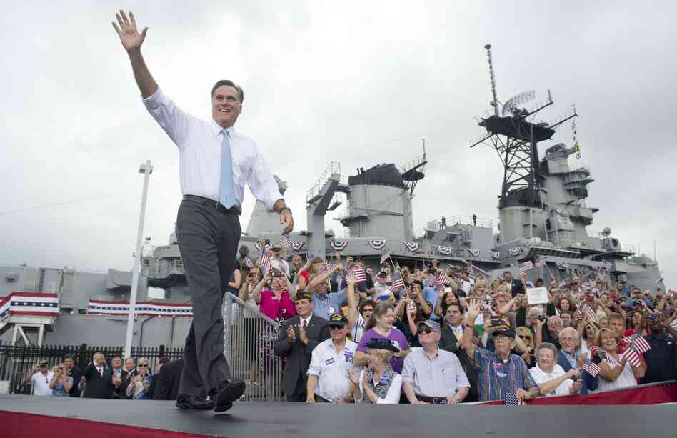 Mitt Romney, the presumptive Republican presidential candidate, arrives to announce his choice of running mate aboard the U.S.S. Wisconsin in Norfolk, Va., on Aug. 11.