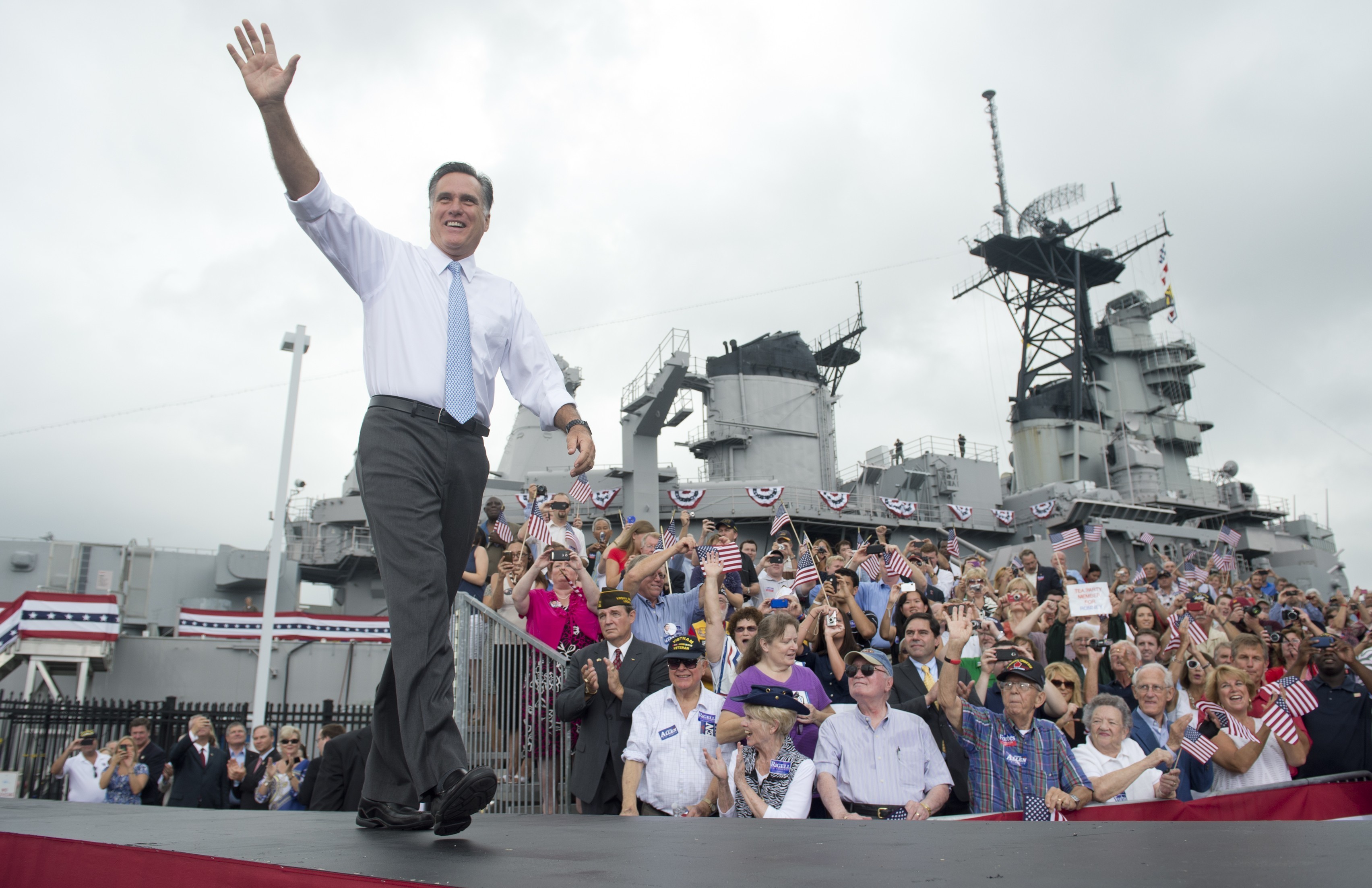 Mitt Romney, the presumptive Republican presidential candidate, arrives to announce his choice of running mate aboard the U.S.S. Wisconsin in Norfolk, Va., on Aug. 11. (Image credit: AFP/Getty Images)