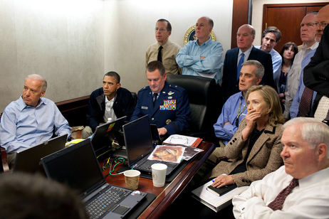 President Barack Obama, Vice President Joe Biden, Secretary of State Hillary Rodham Clinton and other members of his national security team as they monitored the mission that ended with the death of Osama bin Laden in May 2011. President Barack Obama, Vice President Joe Biden, Secretary of State Hillary Rodham Clinton and other members of his national security team as they monitored the mission that ended with the death of Osama bin Laden in May 2011.