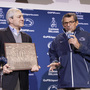 Then-Penn State President Graham Spanier and then-head football coach Joe Paterno last fall, before the Jerry Sandusky scandal cost them both their jobs. Then-Penn State President Graham Spanier and then-head football coach Joe Paterno last fall, before the Jerry Sandusky scandal cost them both their jobs.