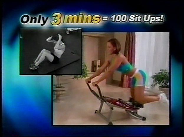 A screen shot of one of the infomercials, promising three minutes is like doing 100 sit ups.