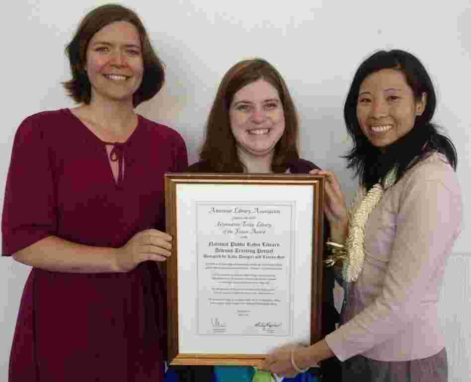 Librarians (l-r) Katie Daugert, Janel Kinlaw and Lauren Sin were on hand to accept the ALA Library of the Future Award for their outreach efforts in teaching NPR staff how to use Artemis, an audio and transcripts database.