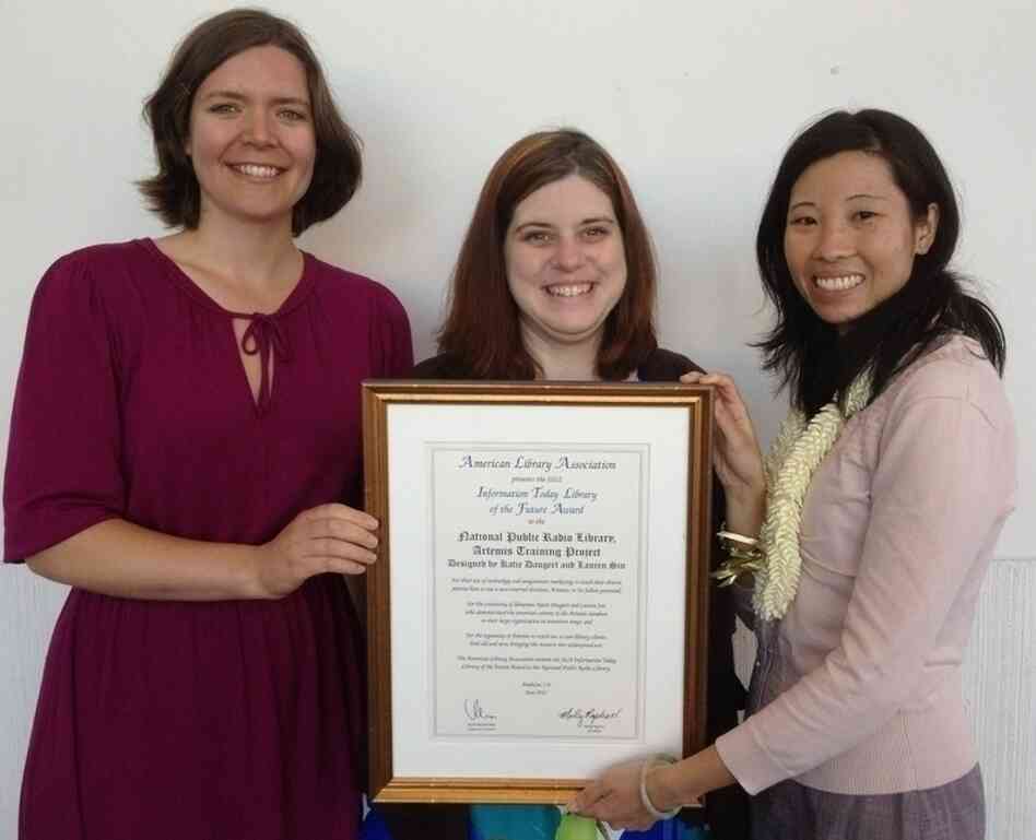 Librarians (l-r) Katie Daugert, Janel Kinlaw and Lauren Sin were on hand to accept the ALA Library of the Future Award for their outreach efforts in teaching NPR staff how to use Artemis, an audio and transcripts database.