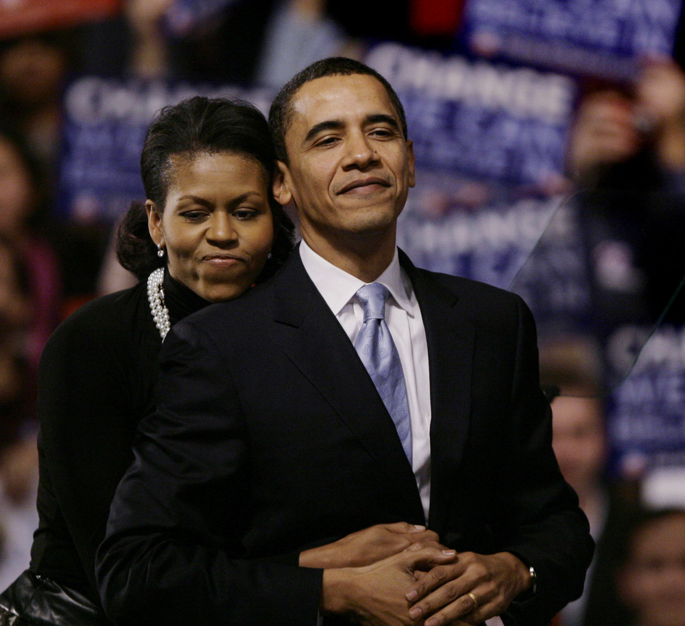 The Obamas on Jan. 8, 2008, at then-Sen. Barack Obama's primary night rally in Nashua, N.H.