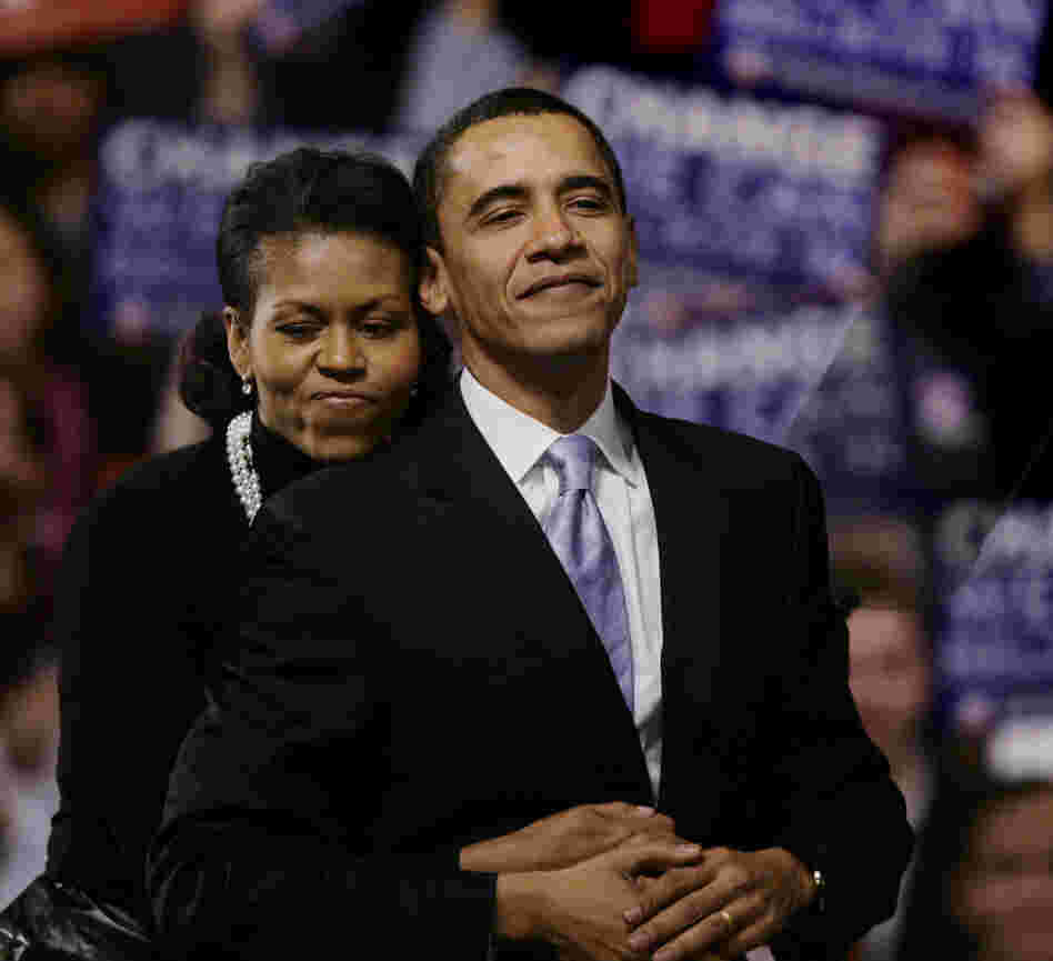 The Obamas on Jan. 8, 2008, at then-Sen. Barack Obama's primary night rally in Nashua, N.H.