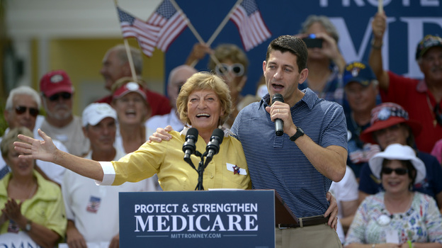 Republican vice presidential candidate Paul Ryan campaigns with his mother, Betty Ryan Douglas, on Saturday in The Villages, Fla. The Mitt Romney campaign has created an ad from the event.
