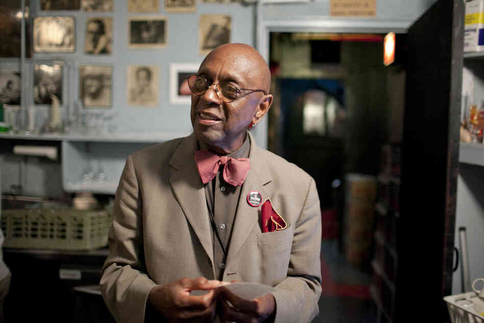 "Tootie" Heath, backstage. A fan presented him and his band with several hundred "Tootie For President" pins.