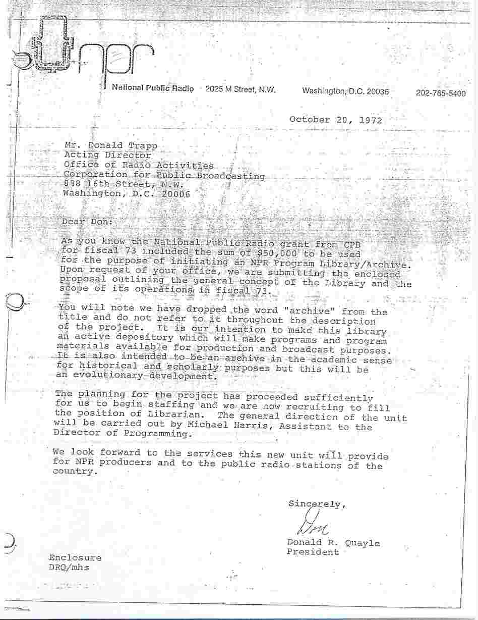 The memo establishing the NPR Library in 1972.