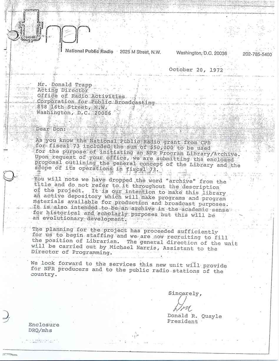 The memo establishing the NPR Library in 1972.