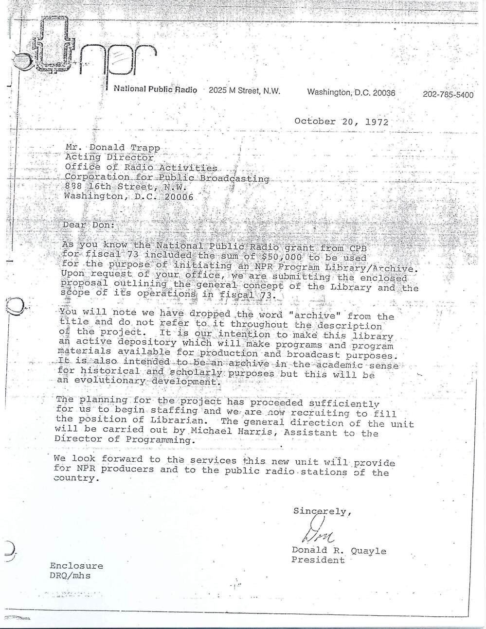 The memo establishing the NPR Library in 1972.