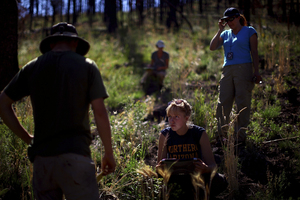 Northern Arizona University students Zac Timmons (left) and Karen Kralicek (center) work with plant ecologist Judy Springer in the Apache-Sitgreaves National Forests in east-central Arizona. They are studying the effects of forest restoration treatments following the Wallow Fire of 2011.