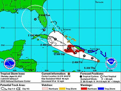 Isaac's possible track. The latest projection from the National Hurricane Center. Isaac's possible track. The latest projection from the National Hurricane Center.