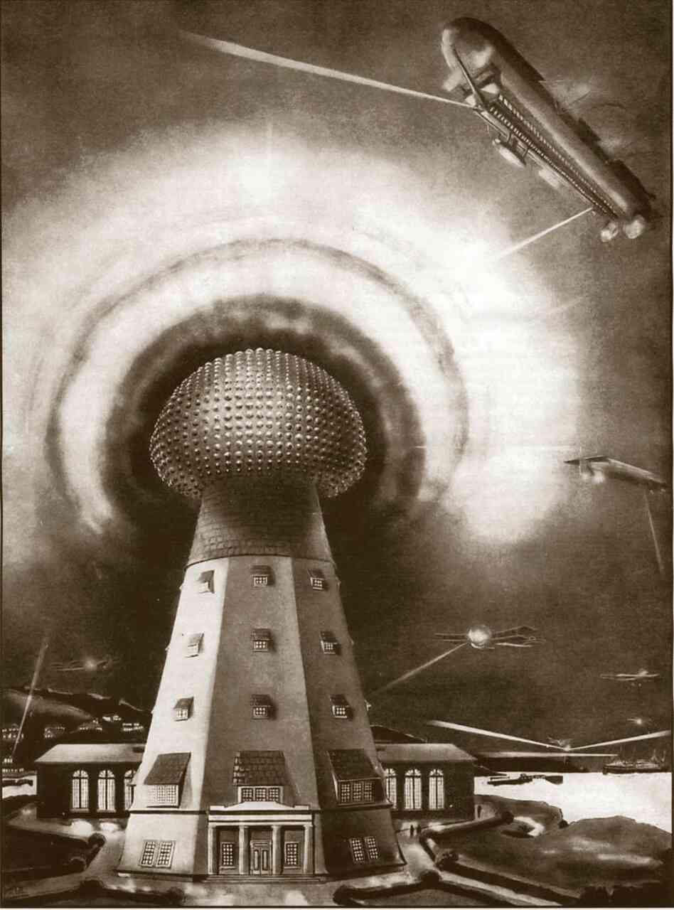 Wardenclyffe, Tesla's lab on Long Island, was supposed to be his crowning achievement. Behind it, he wanted to build a 187-foot tower he could use to transmit messages and pictures wirelessly. Frank R. Paul drew this illustration of the tower, which was never completed.