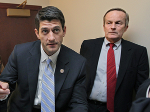 As congressional colleagues, Rep. Todd Akin (right) and Rep. Paul Ryan have co-sponsored anti-abortion legislation. They're seen here before a press conference on Ryan's budget proposal on Apr. 5, 2011. As congressional colleagues, Rep. Todd Akin (right) and Rep. Paul Ryan have co-sponsored anti-abortion legislation. They're seen here before a press conference on Ryan's budget proposal on Apr. 5, 2011.
