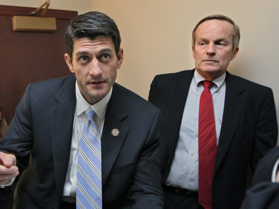 As congressional colleagues, Rep. Todd Akin (right) and Rep. Paul Ryan have co-sponsored anti-abortion legislation. They're seen here before a press conference on Ryan's budget proposal on Apr. 5, 2011.