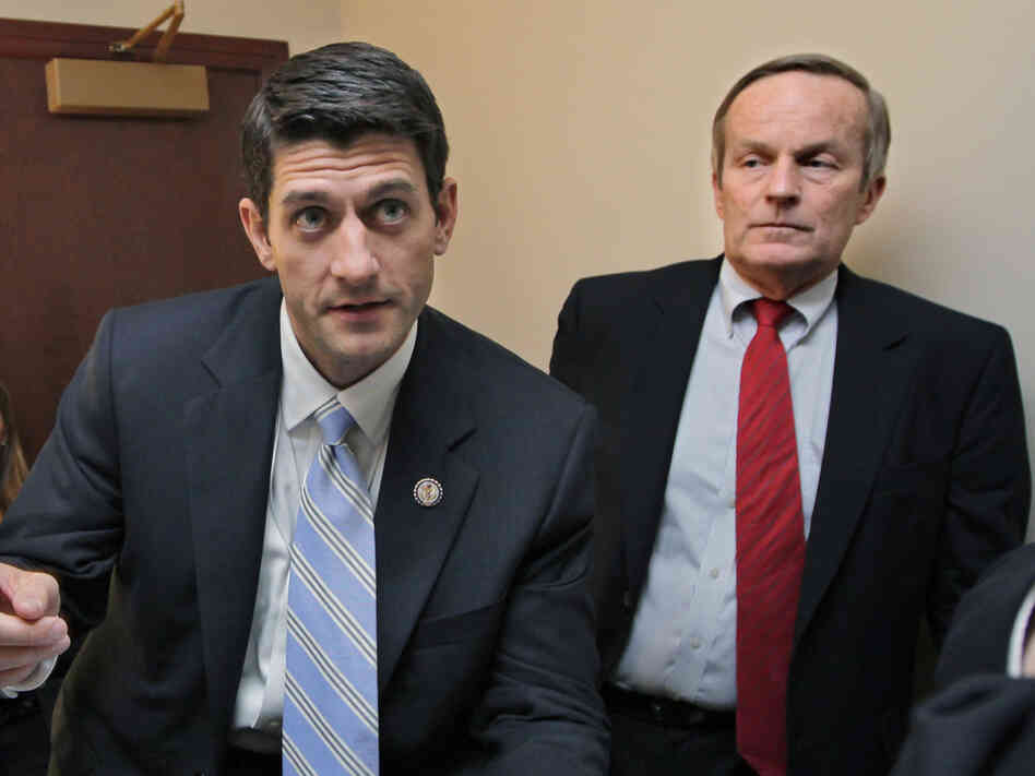 As congressional colleagues, Rep. Todd Akin (right) and Rep. Paul Ryan have co-sponsored anti-abortion legislation. They're seen here before a press conference on Ryan's budget proposal on Apr. 5, 2011.