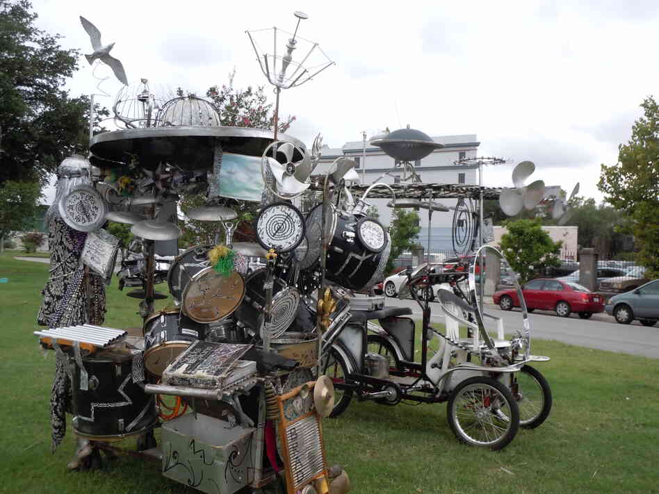 Casey's machines feature an assortment of found objects, as well as traditional percussion instruments.