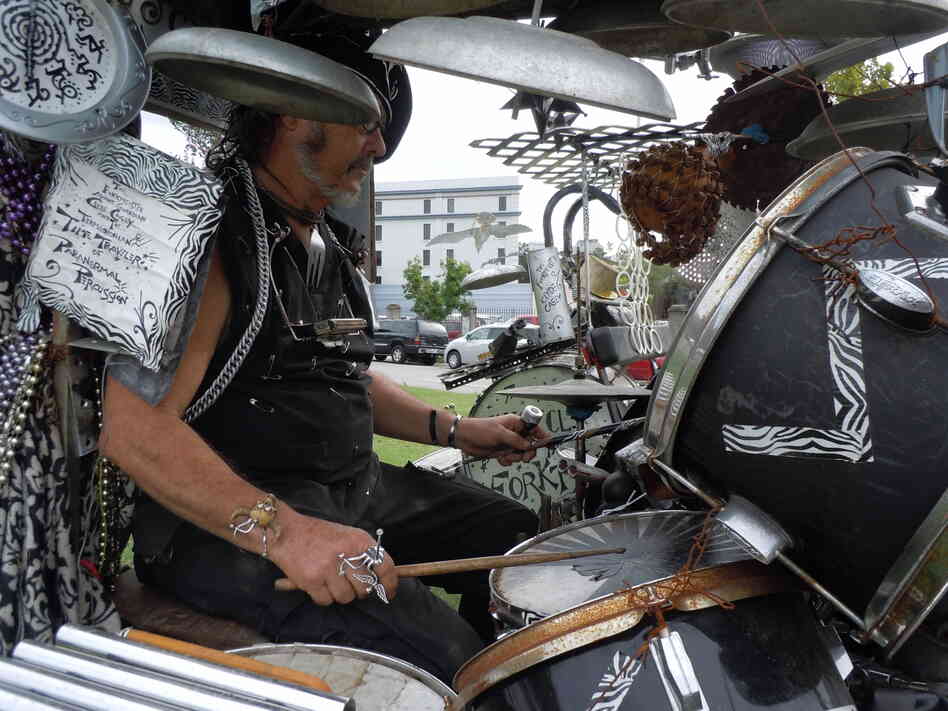 "I sit inside of it," Casey says of his percussion machine. "It's got four wheels — it's a quadcycle — and I'm able to pedal and play."