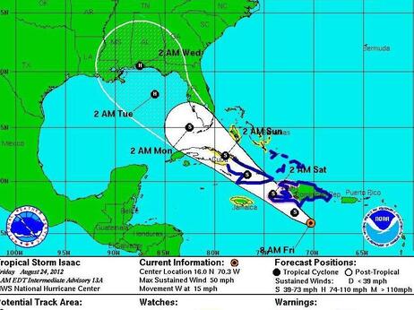 The forecast as of 8 a.m. ET Friday on where Isaac is likely to go. The forecast as of 8 a.m. ET Friday on where Isaac is likely to go.