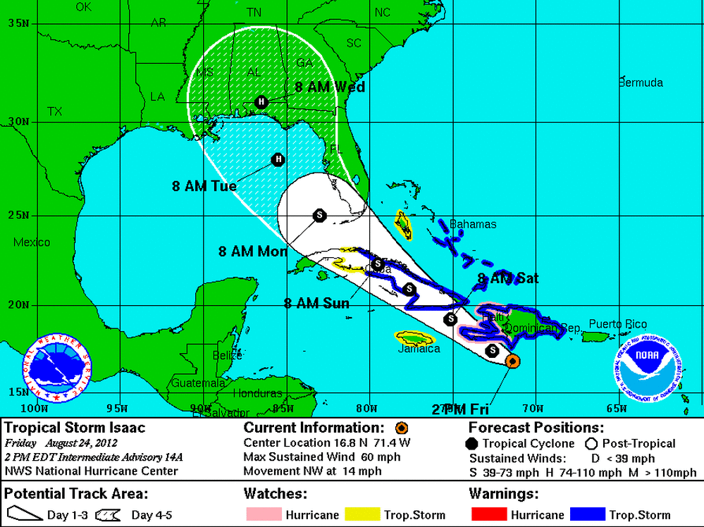 Isaac's projected track as of 2 p.m. ET on Friday (Aug. 24).