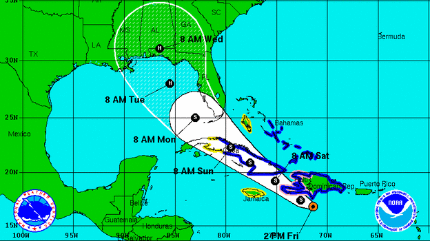 Isaac's projected track as of 2 p.m. ET on Friday (Aug. 24). (National Hurricane Center)