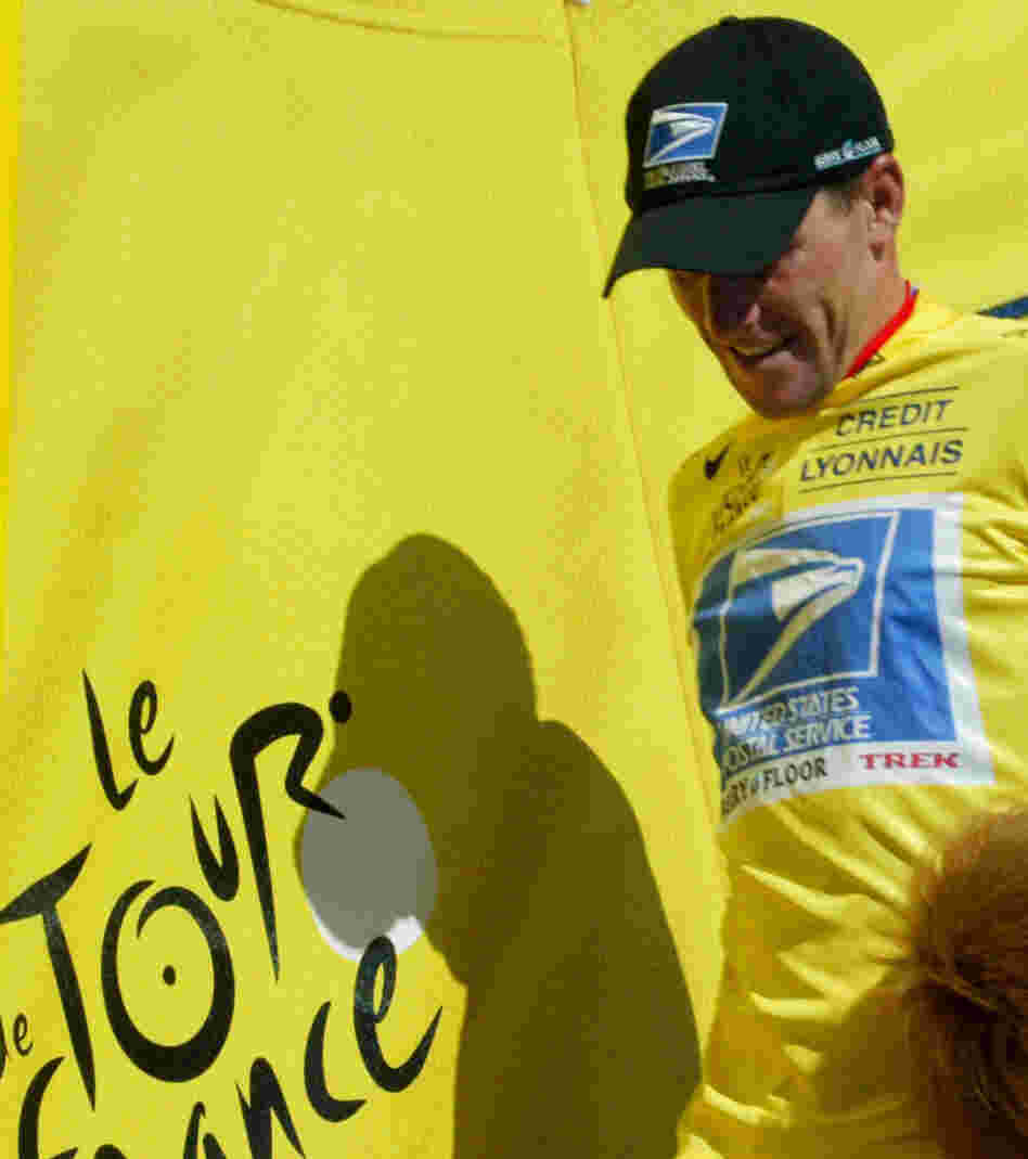 Lance Armstrong, wearing the yellow jersey that identifies the leader in the Tour de France, during the race in 2003. He won that year and six other times.
