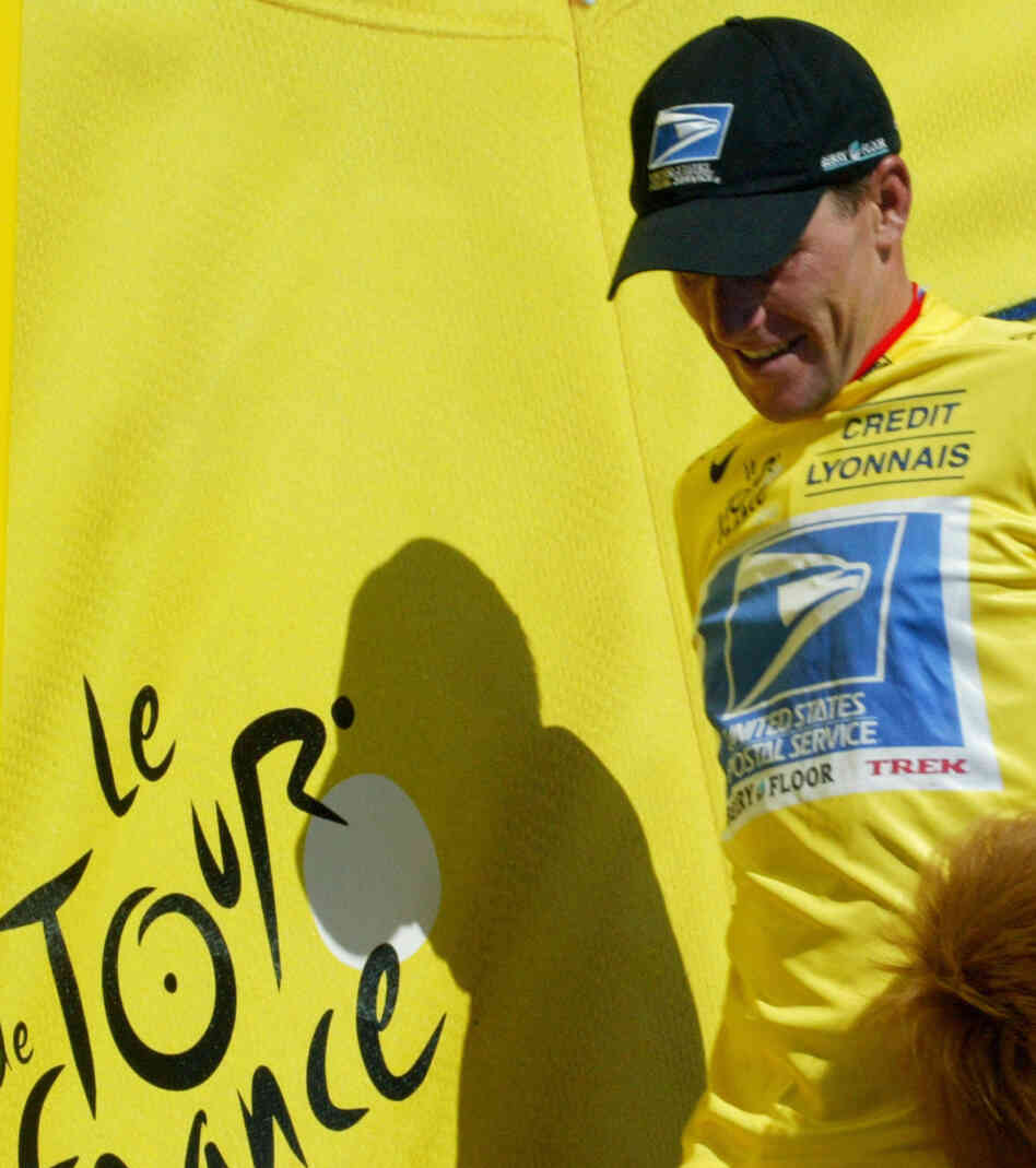 Lance Armstrong, wearing the yellow jersey that identifies the leader in the Tour de France, during the race in 2003. He won that year and six other times.