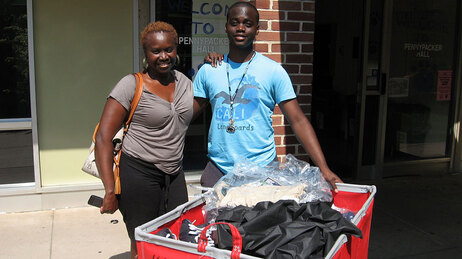 Penn State freshman Samuel Russ, of Germantown, Md., and his mother, Rina Russ, moving his things into the dorm. Penn State freshman Samuel Russ, of Germantown, Md., and his mother, Rina Russ, moving his things into the dorm.