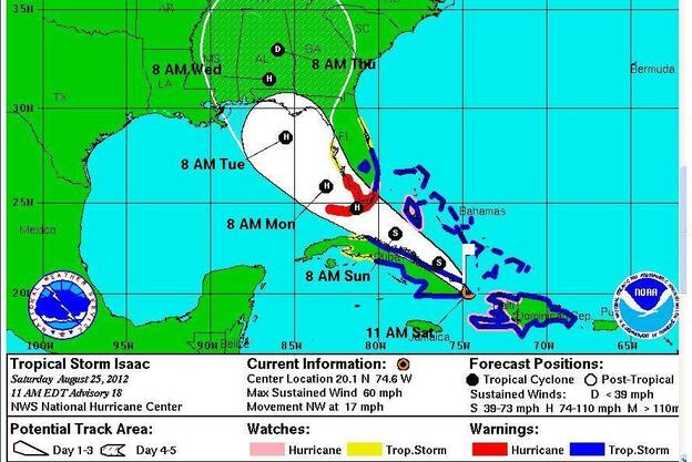 Tropical Storm Isaac's projected path on Saturday, Aug. 25, 2012