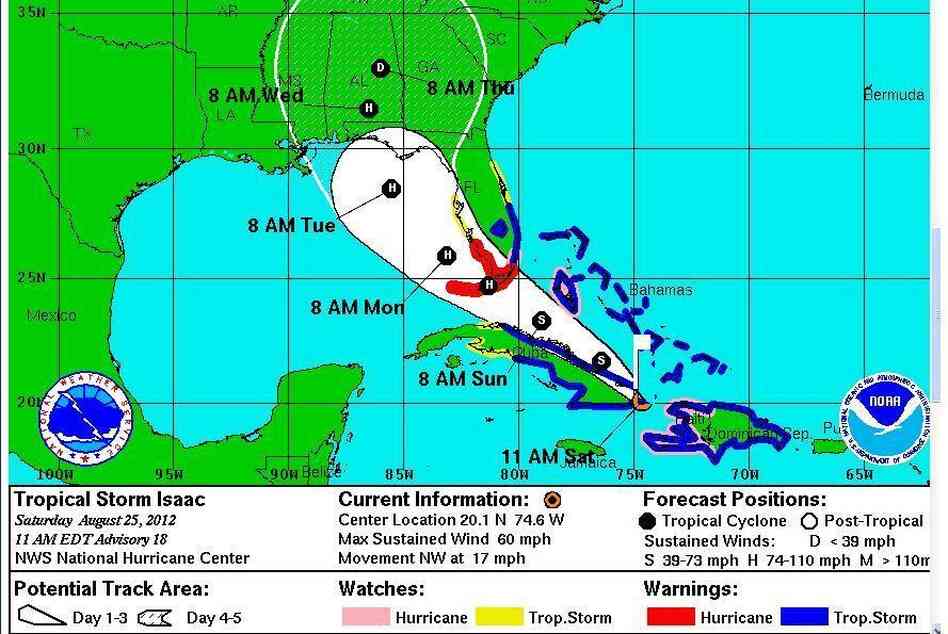 Tropical Storm Isaac's projected path on Saturday, Aug. 25, 2012