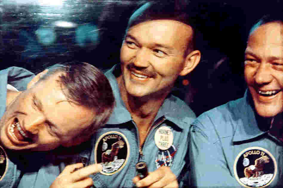Armstrong (left), Collins (center) and Aldrin after the Apollo 11 mission in a shot from the 2007 film In the Shadow of the Moon.