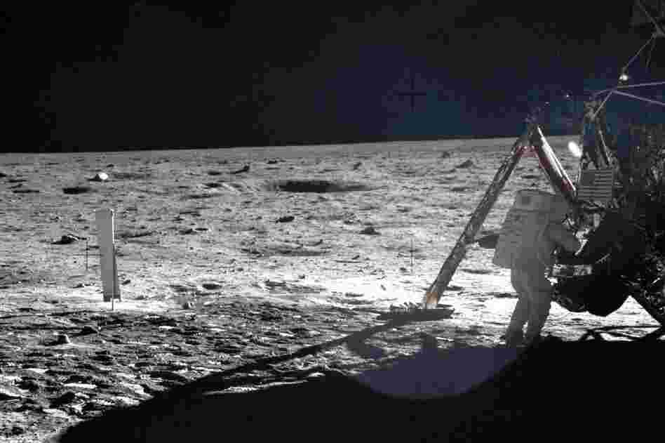 This frame from Aldrin's panorama of the Apollo 11 landing site shows Armstrong on the lunar surface.