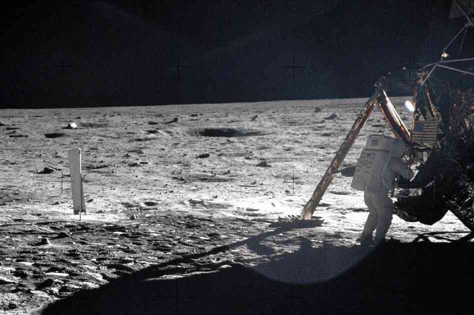 This frame from Aldrin's panorama of the Apollo 11 landing site shows Armstrong on the lunar surface.