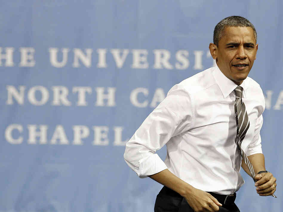 President Obama walks onto the stage before speaking at the University of North Carolina in Chapel Hill on April 24.
