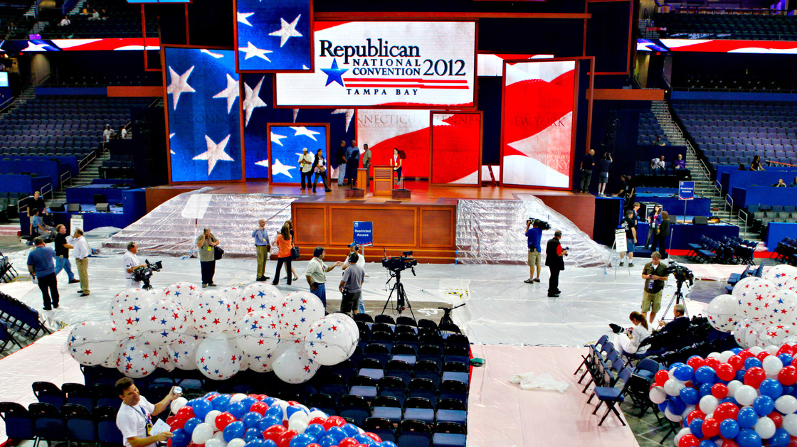 Riggers load nets full of balloons for the Republican National Convention festivities inside the Tampa Bay Times Forum on Friday in Tampa, Fla.