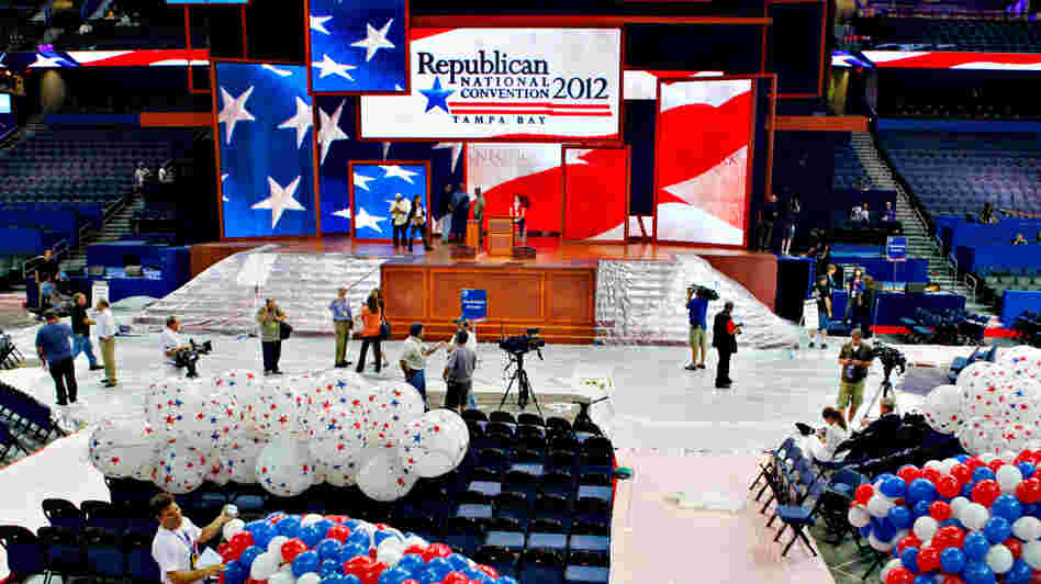 Riggers load nets full of balloons for the Republican National Convention festivities inside the Tampa Bay Times Forum on Friday in Tampa, Fla.