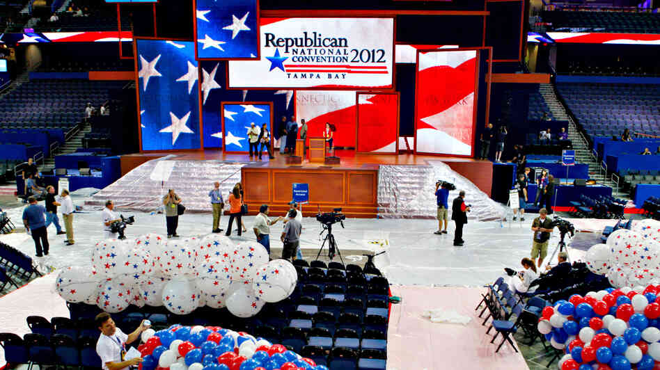 Riggers load nets full of balloons for the Republican National Convention festivities inside the Tampa Bay Times Forum on Friday in Tampa, Fla.