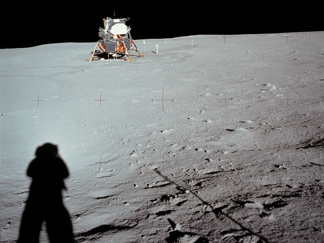Neil Armstrong casts a shadow in a photograph he took of the lunar lander Eagle near the end of his historic moonwalk.