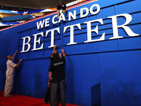 The Republican message: Workers were putting up a sign Sunday inside the Tampa Bay Times Forum, where the 2012 Republican National Convention is set to begin. The Republican message: Workers were putting up a sign Sunday inside the Tampa Bay Times Forum, where the 2012 Republican National Convention is set to begin.