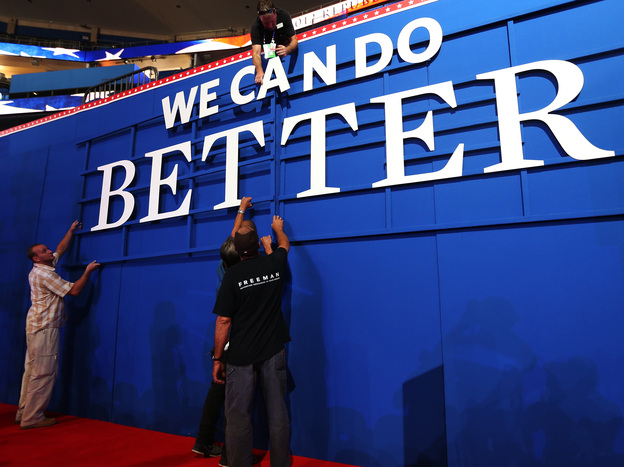 The Republican message: Workers were putting up a sign Sunday inside the Tampa Bay Times Forum, where the 2012 Republican National Convention is set to begin.