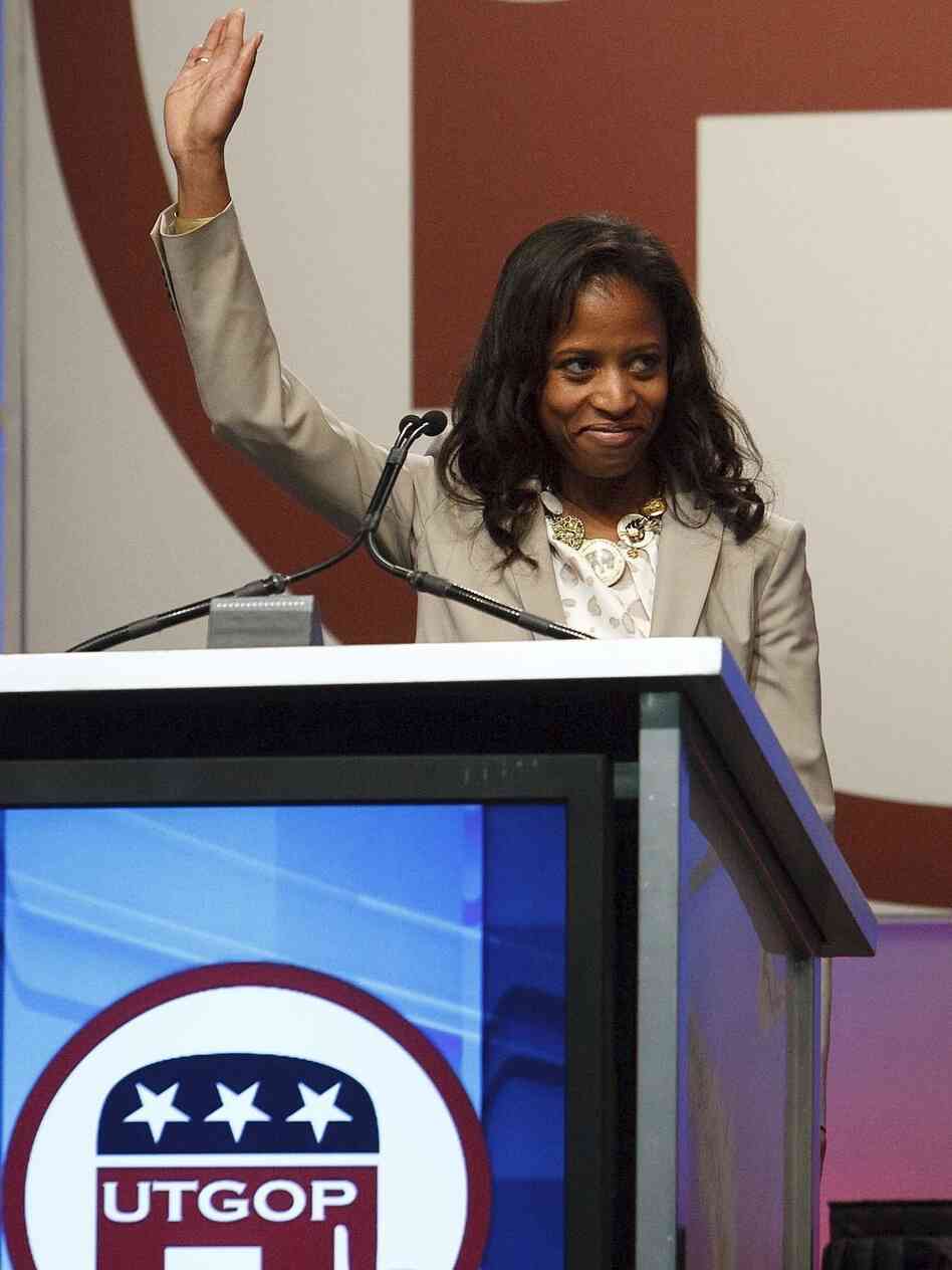 Saratoga Springs Mayor Mia Love, who is running for a House seat, speaks at the Republican state convention April 21, in Sandy, Utah. Love would be the first black, female Republican elected to Congress.