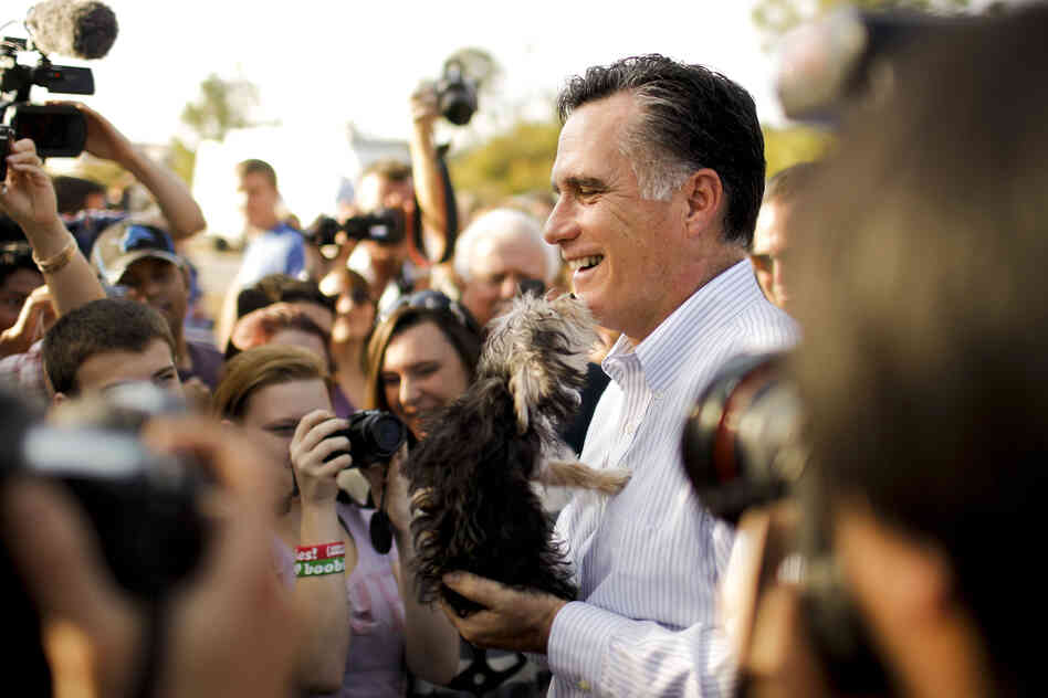 Republican presidential candidate Mitt Romney gets a sniff from a curious pooch while greeting supporters at a campaign event in Lehigh Acres, Fla., in January.