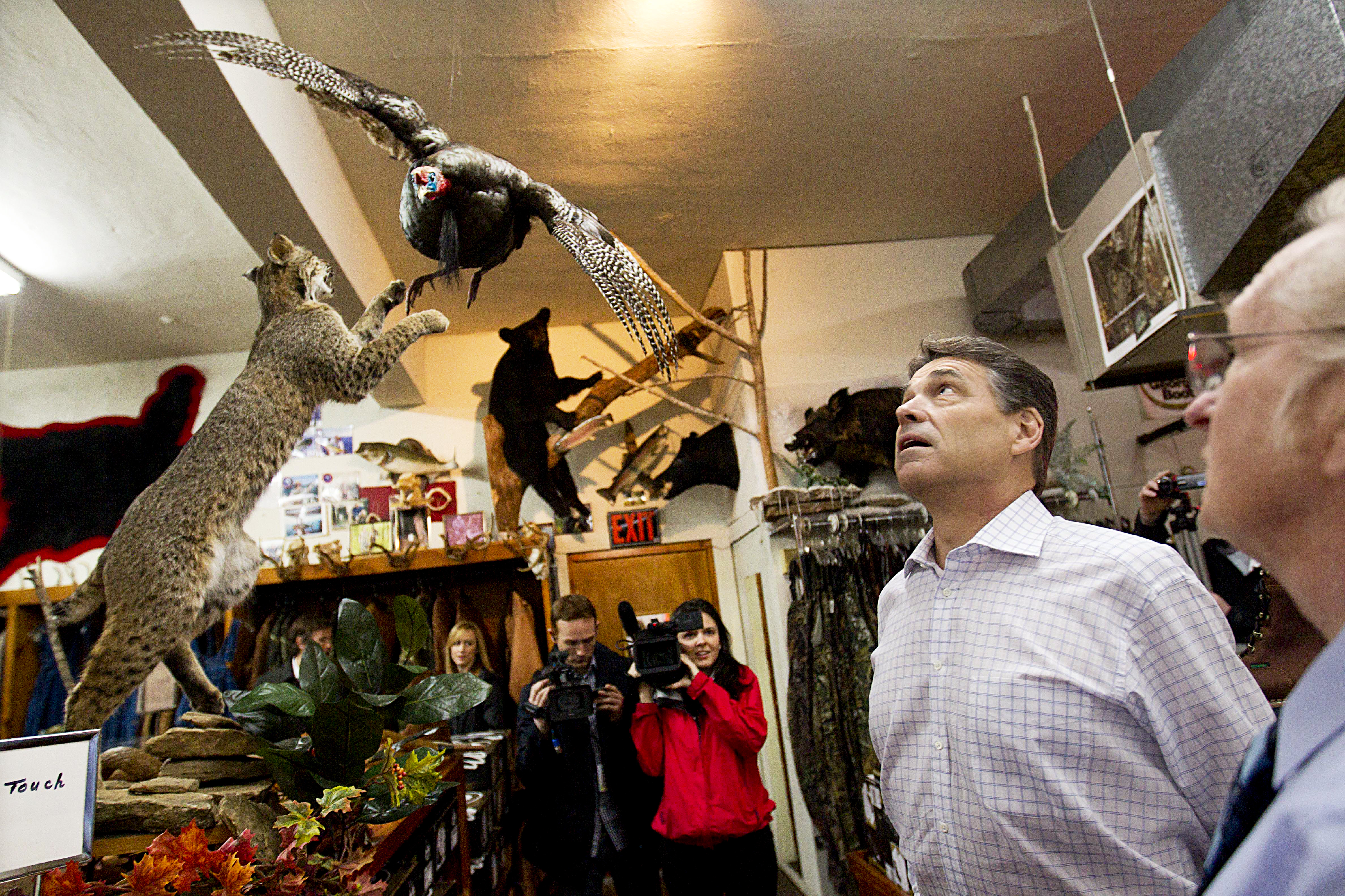 Texas Gov. Rick Perry, who played up a folksy image during his short-lived run for the GOP nomination, stopped at a hunting display at Brock's department store in Pickens, S.C., in January.